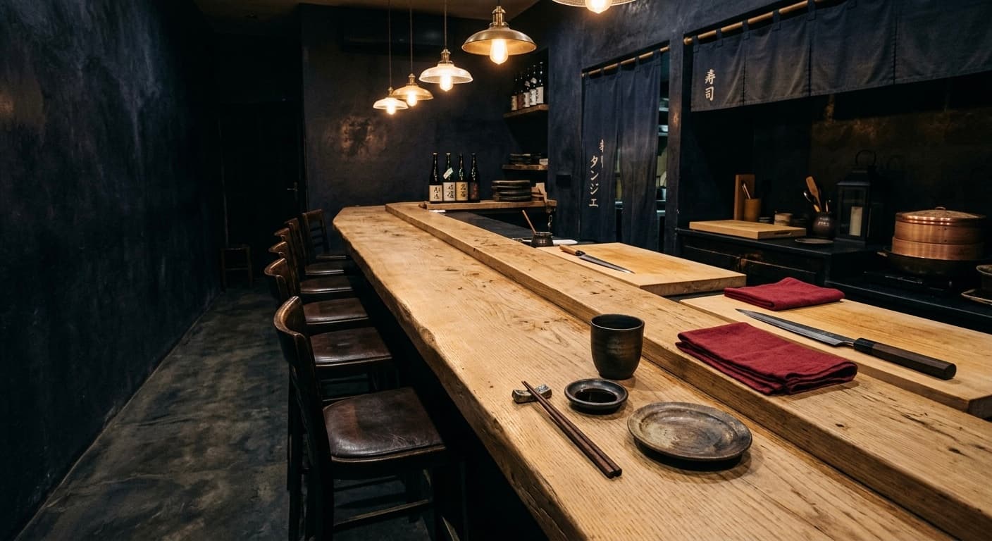 Le comptoir en bois clair d'Umi, ambiance sombre et chaude, Tanger