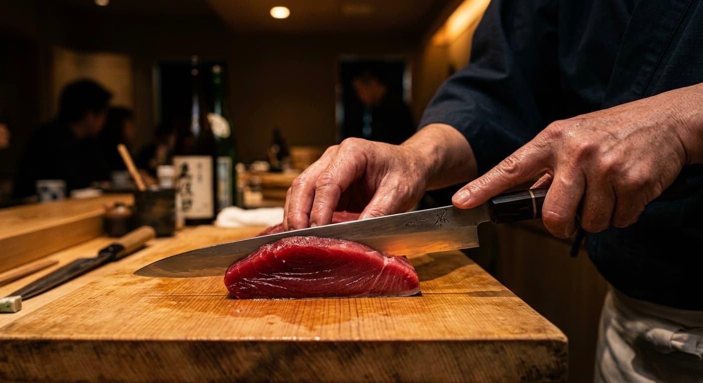 Le chef d'Umi tranchant un filet de thon rouge au couteau yanagiba